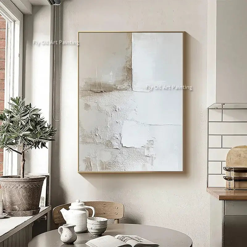 Abstract beige & white two canvas oil paintings living room decor