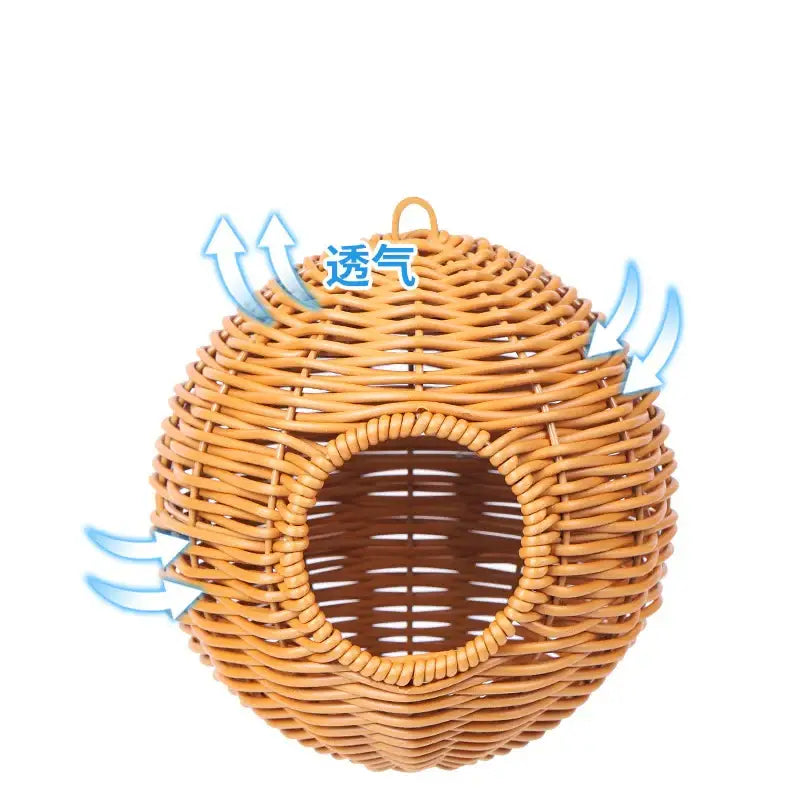 Handwoven grass bird cage hut with heart entrance for garden