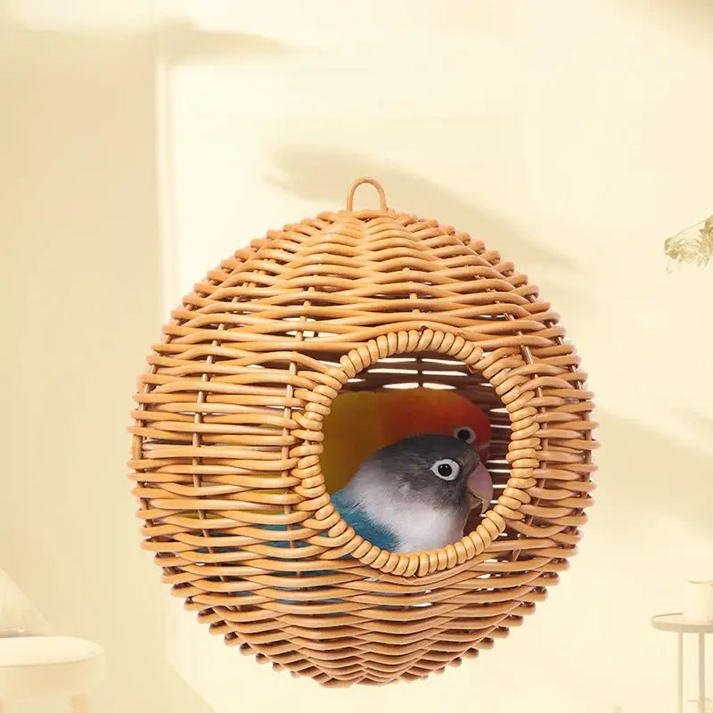 Handwoven grass bird cage hut with heart entrance for garden
