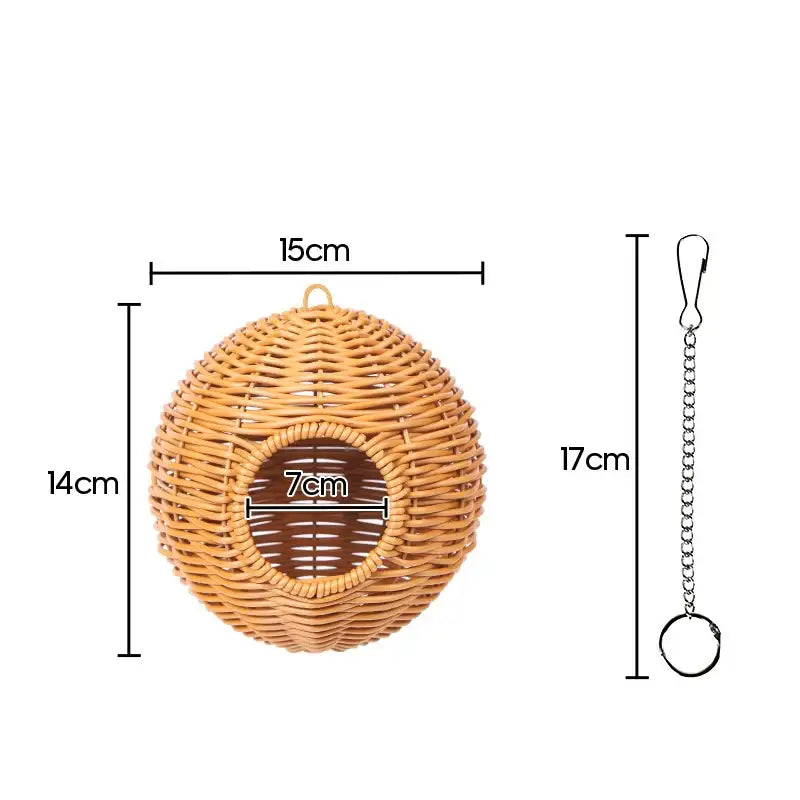 Handwoven grass bird cage hut with heart entrance for garden
