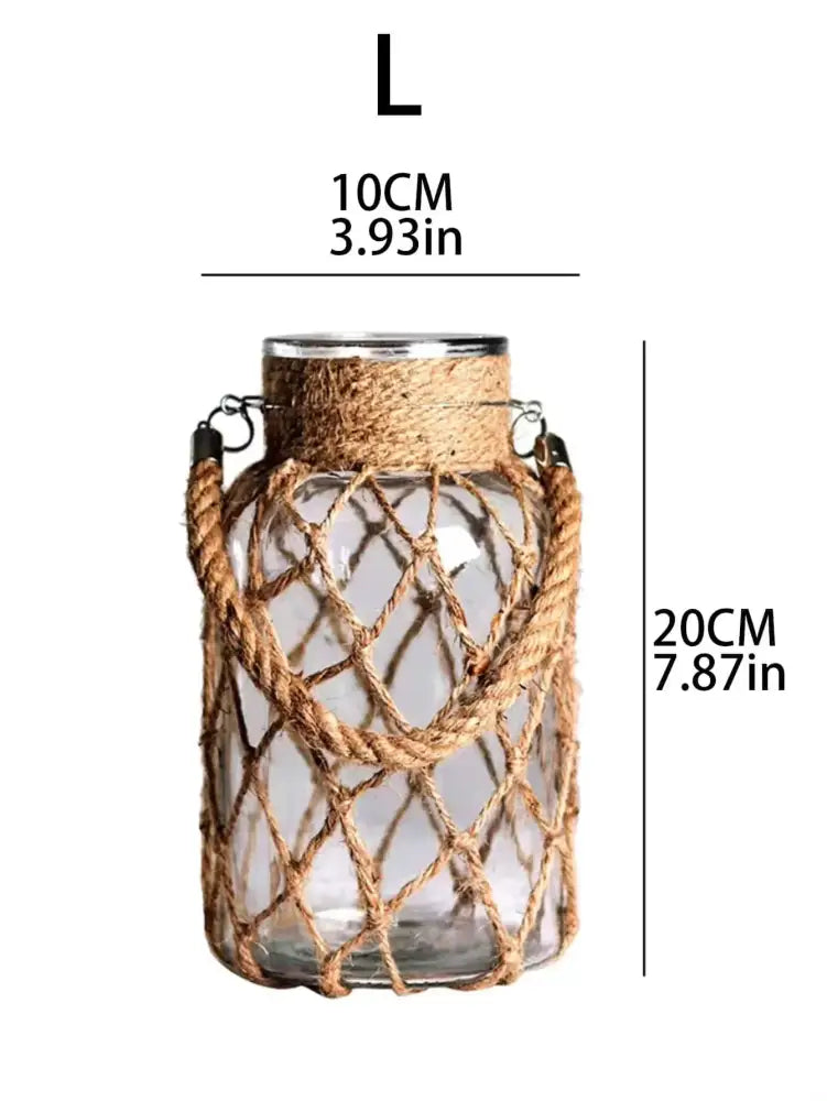 Rustic hanging glass vase with hemp rope twine netting – living room