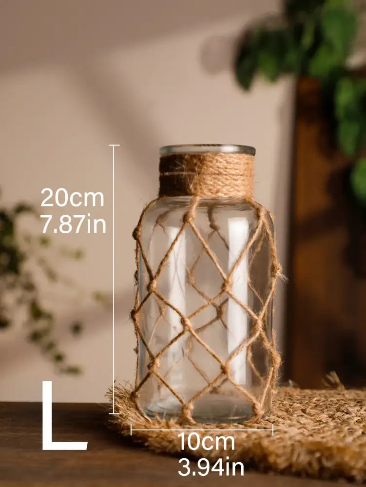 Rustic hanging glass vase with hemp rope twine netting – living room