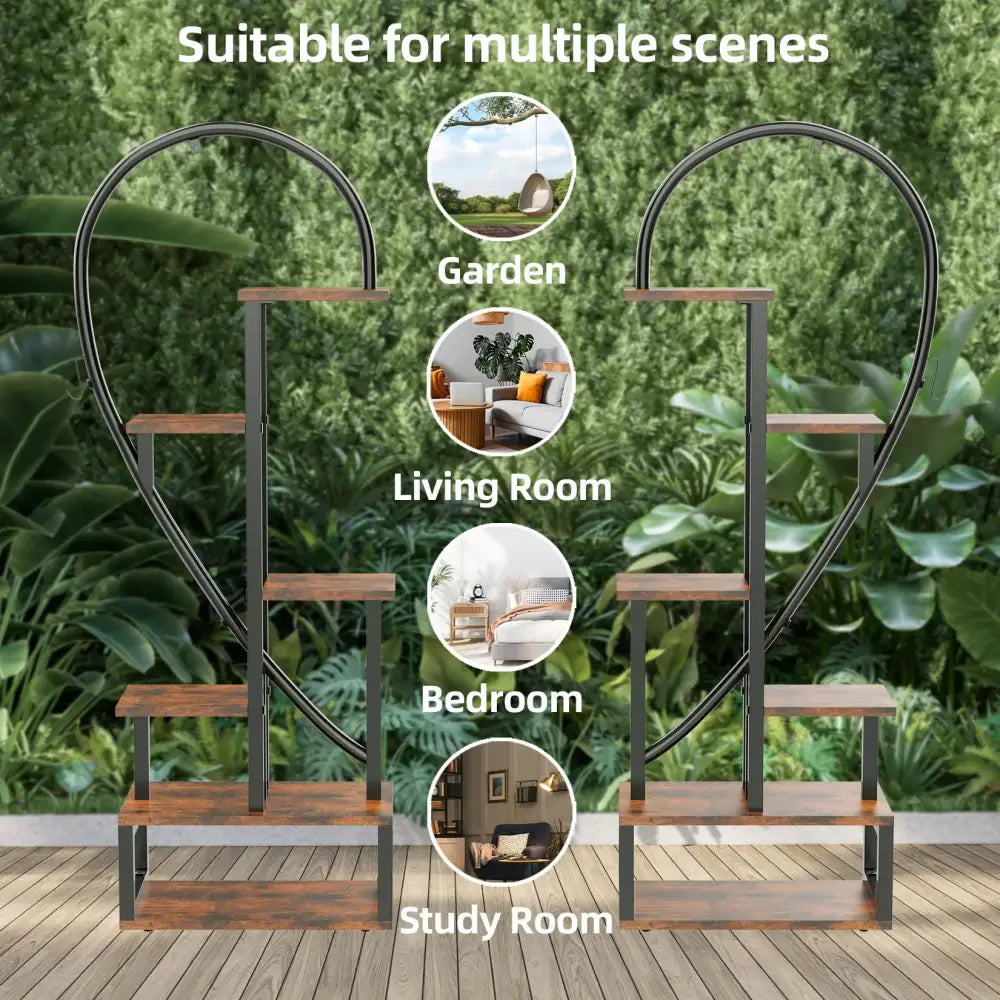 Heart shape wood and metal plant stand for living room 20 pots