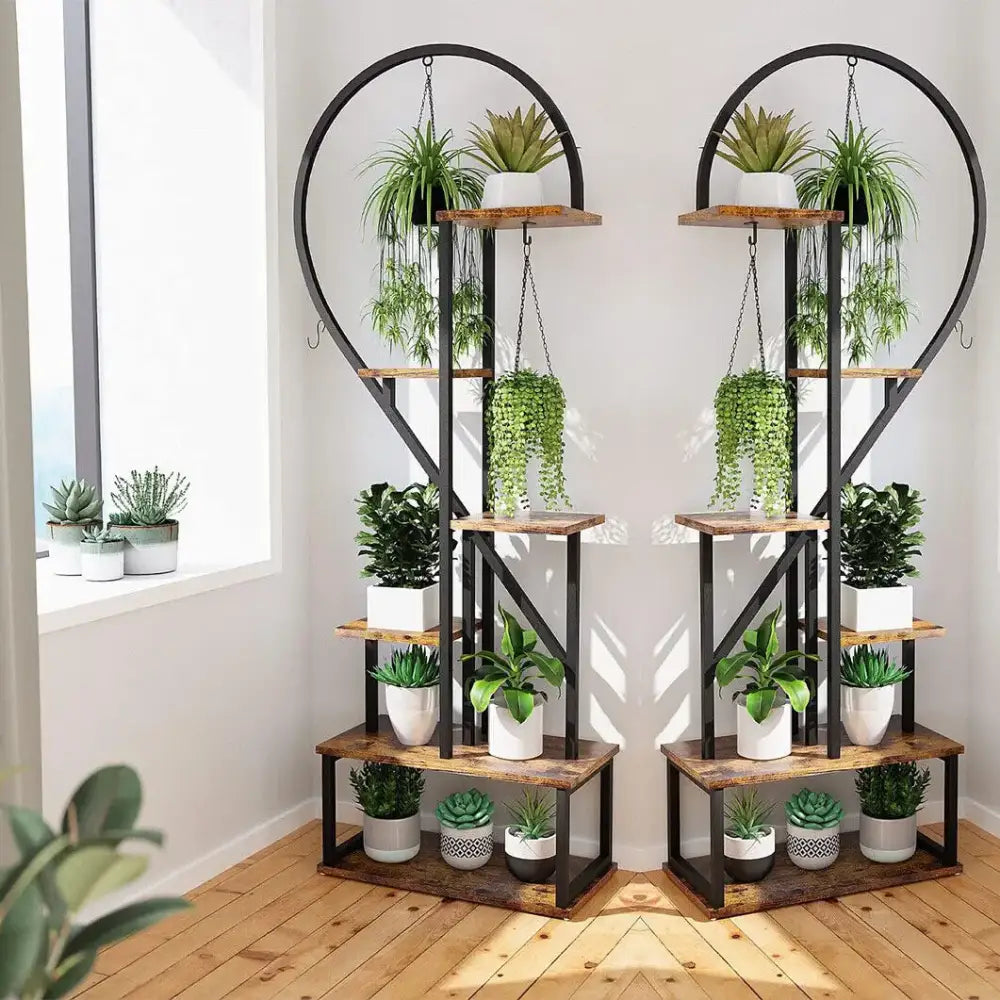 Heart shaped wood and metal plant stand with lights for living room