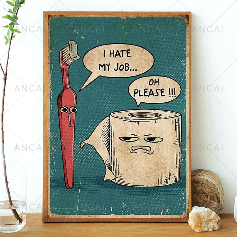 Vintage teal humorous bathroom poster print with cartoon characters