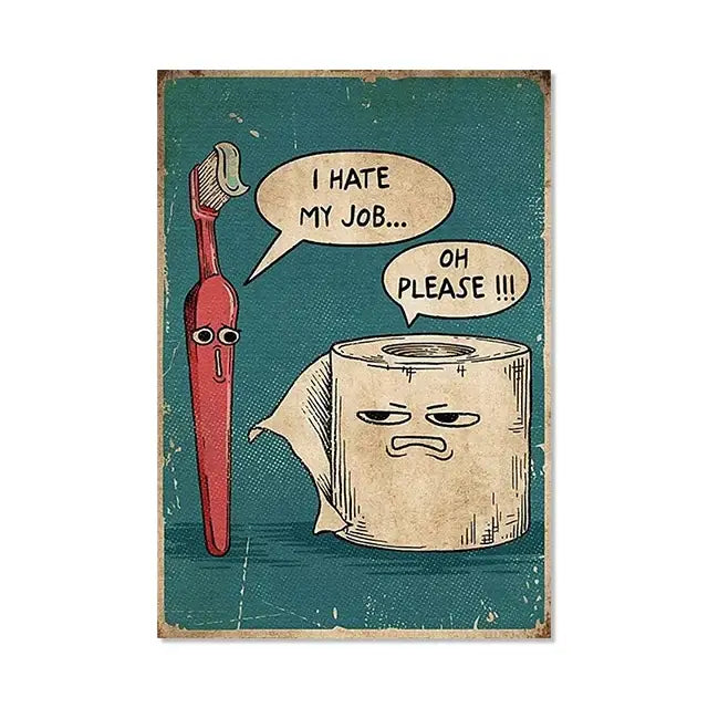 Vintage teal humorous bathroom poster print with cartoon characters