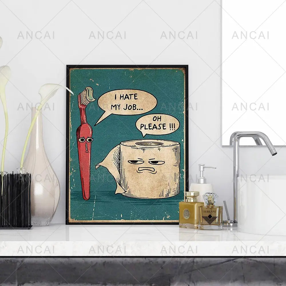Vintage teal humorous bathroom poster print with cartoon characters