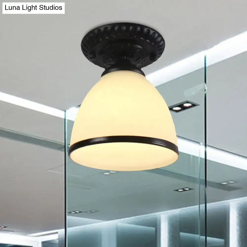 Industrial black and white semi flush ceiling light – gallery milky glass