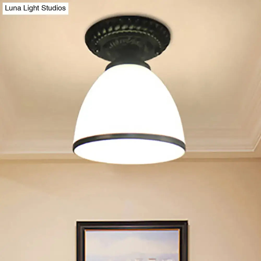 Industrial black and white semi flush ceiling light – gallery milky glass