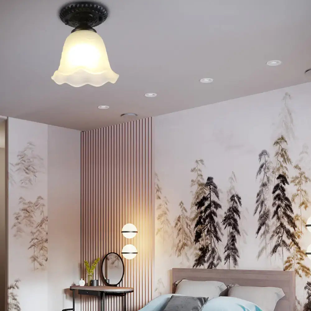 Industrial black and white semi flush ceiling light – gallery milky glass