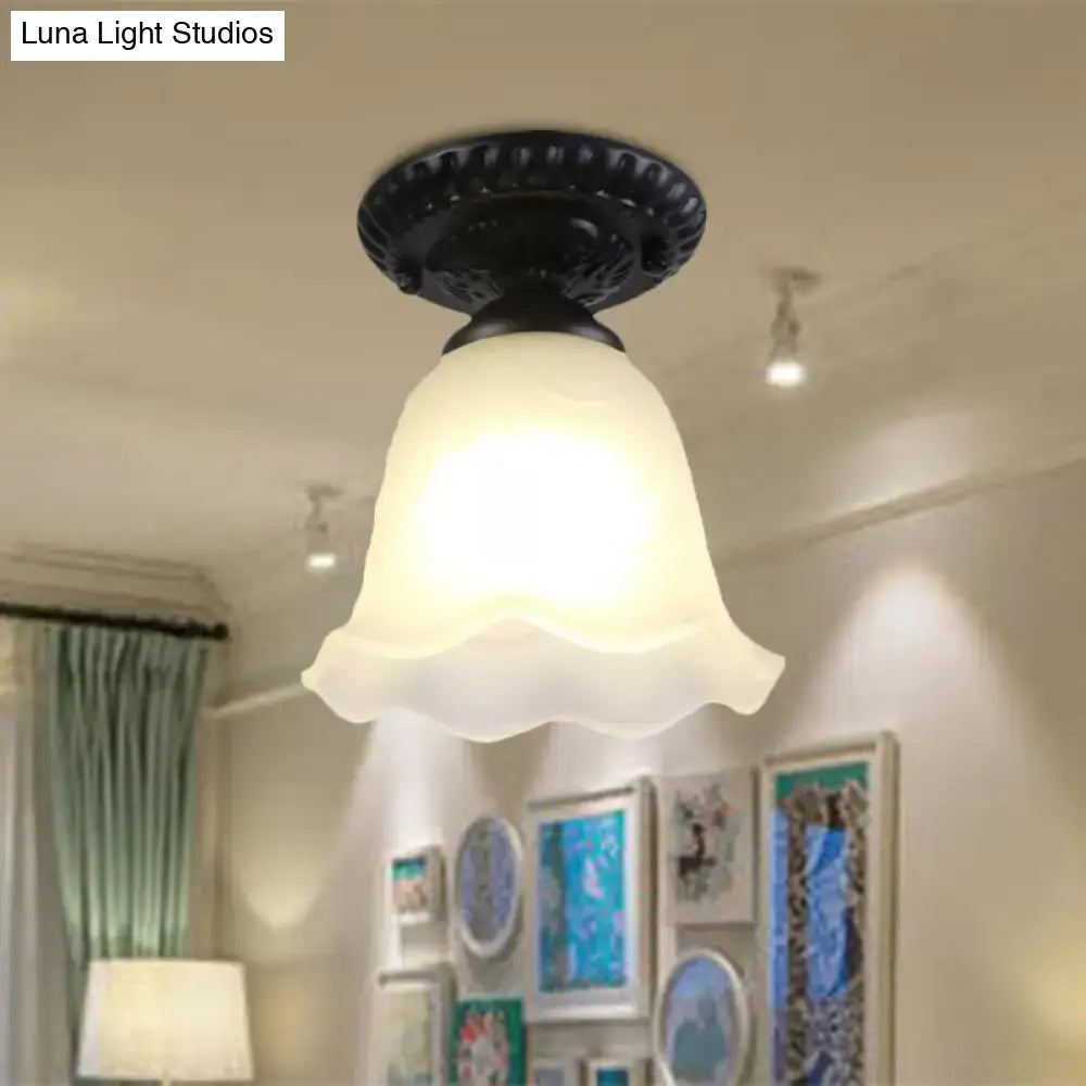 Industrial black and white semi flush ceiling light – gallery milky glass