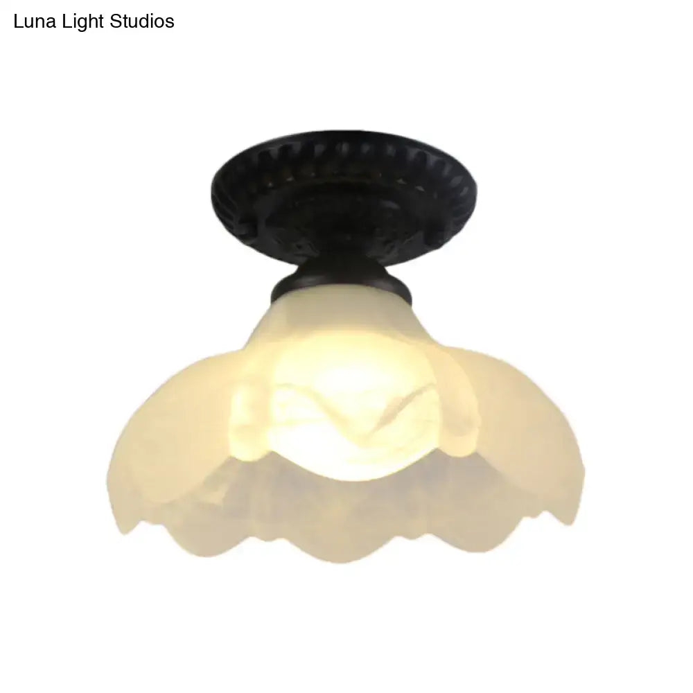 Industrial black and white semi flush ceiling light – gallery milky glass