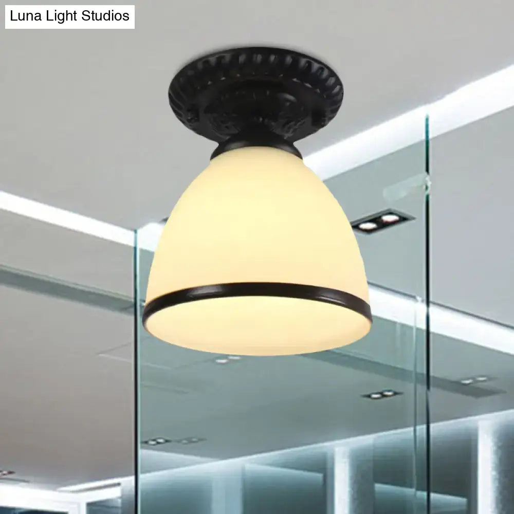 Industrial black and white semi flush ceiling light – gallery milky glass