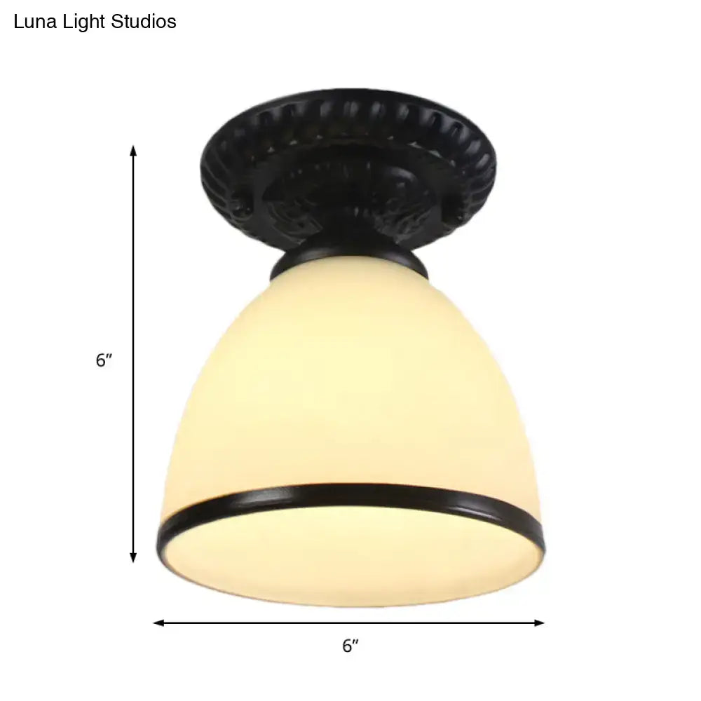 Industrial black and white semi flush ceiling light – gallery milky glass