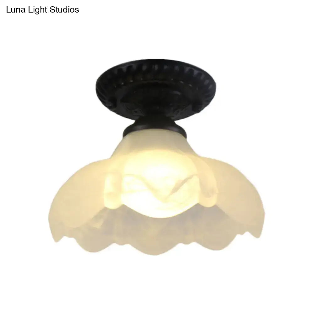 Industrial black and white semi flush ceiling light – gallery milky glass
