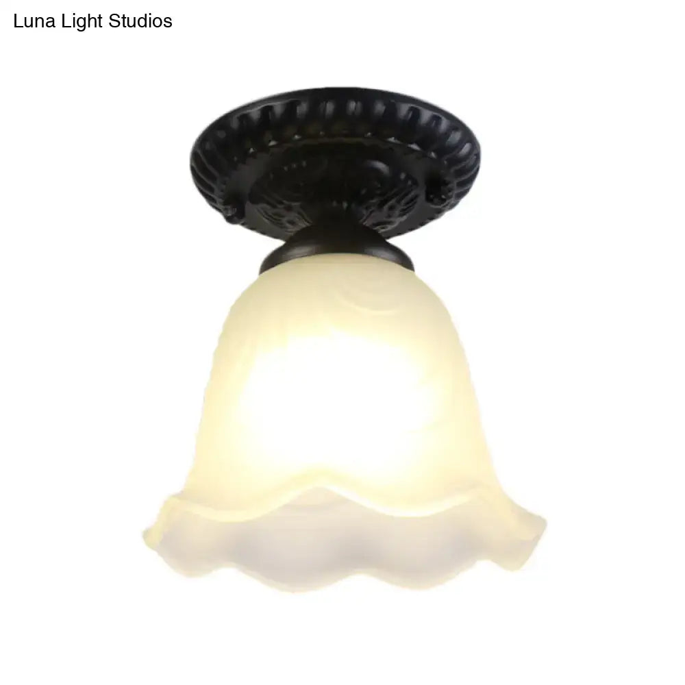 Industrial black and white semi flush ceiling light – gallery milky glass