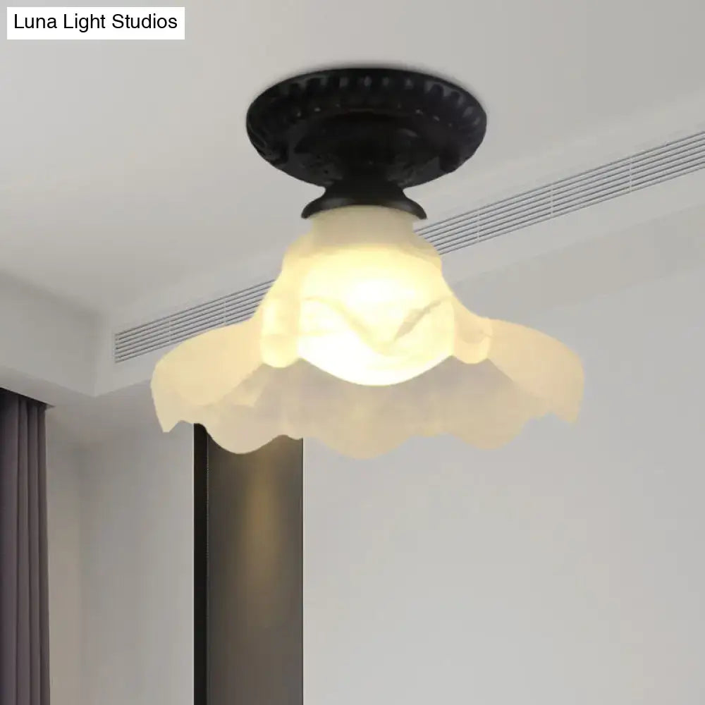 Industrial black and white semi flush ceiling light – gallery milky glass