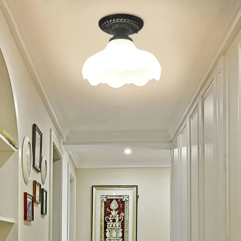 Industrial black and white semi flush ceiling light – gallery milky glass