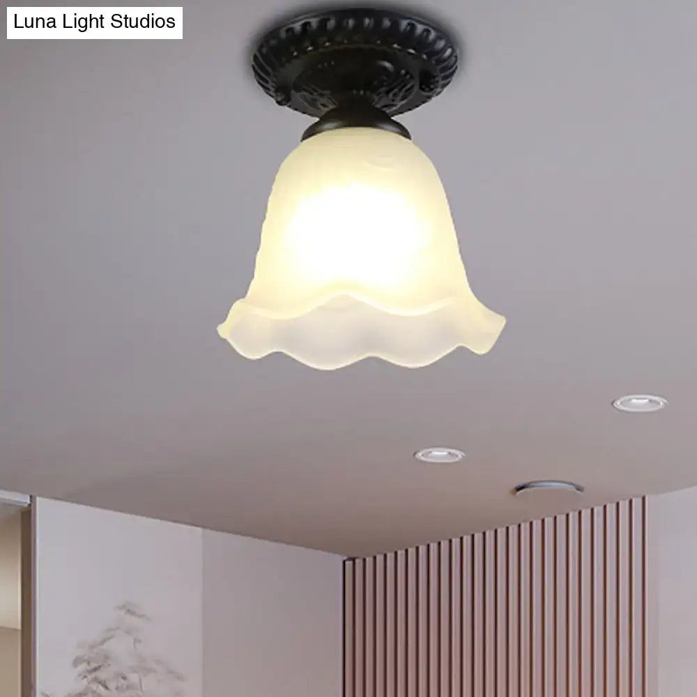 Industrial black and white semi flush ceiling light – gallery milky glass