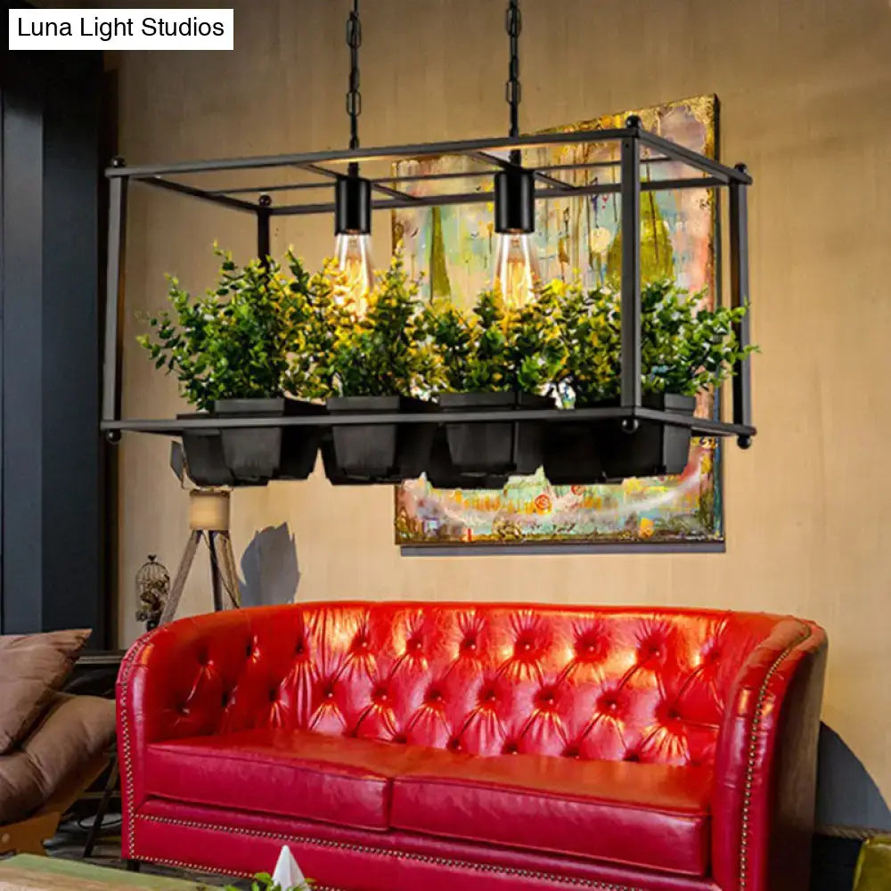 Industrial cage island pendant light with plant pot dining room metal