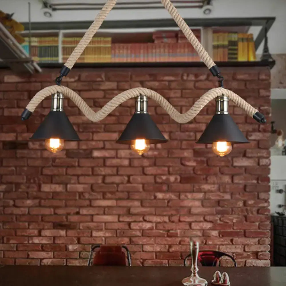 Industrial hemp pendant lamp black & beige 3 head dining room light