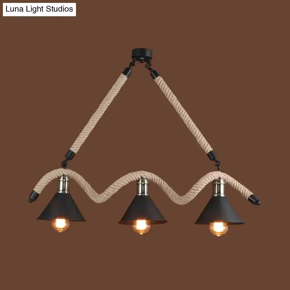 Industrial hemp pendant lamp black & beige 3 head dining room light