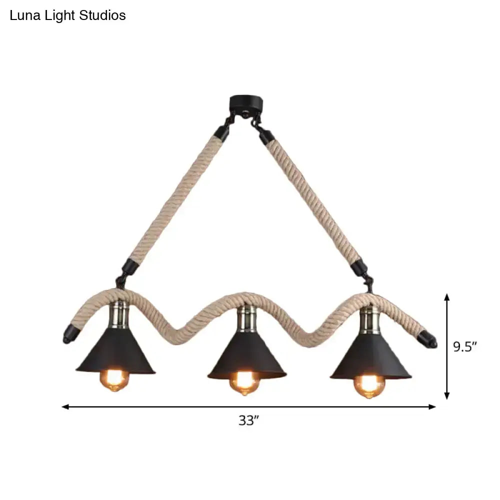 Industrial hemp pendant lamp black & beige 3 head dining room light