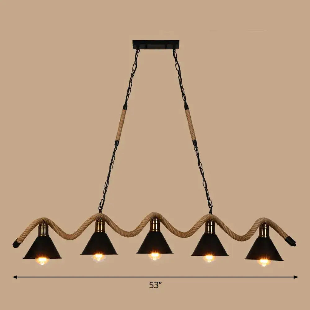 Industrial matte black 3 light pendant with twisted rope kitchen light