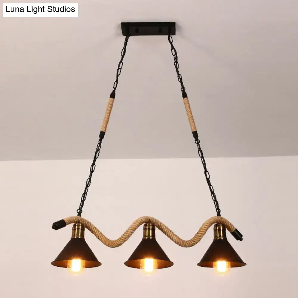Industrial matte black 3 light pendant with twisted rope kitchen light