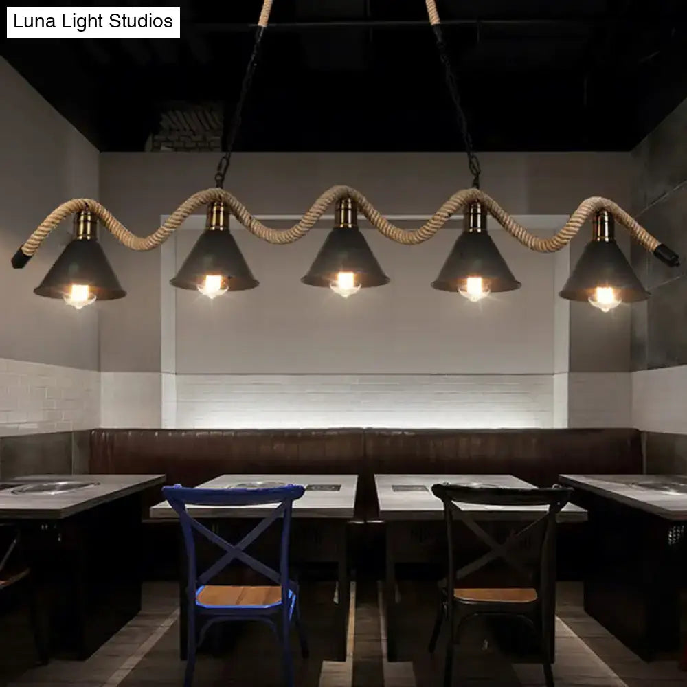 Industrial matte black 3 light pendant with twisted rope kitchen light