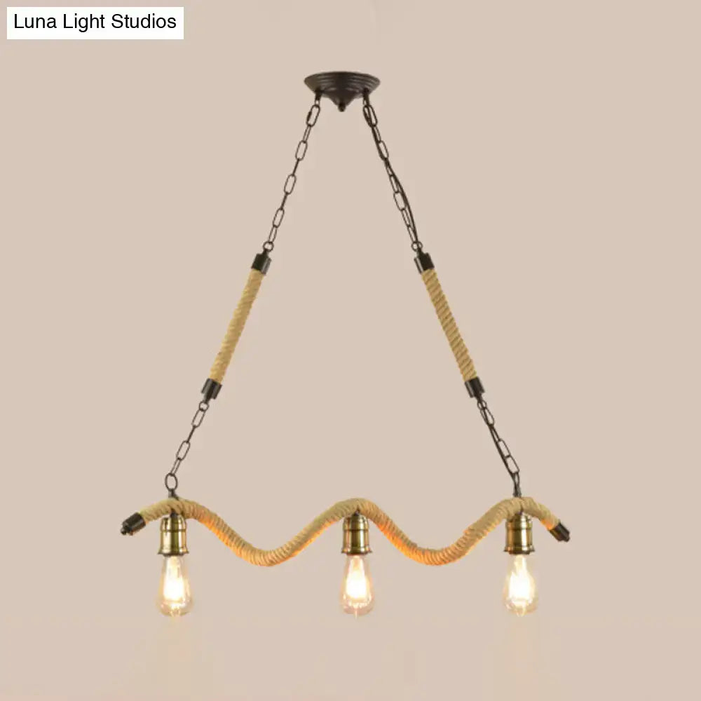 Rustic beige rope 3 light kitchen pendant with exposed bulbs 110v 120v