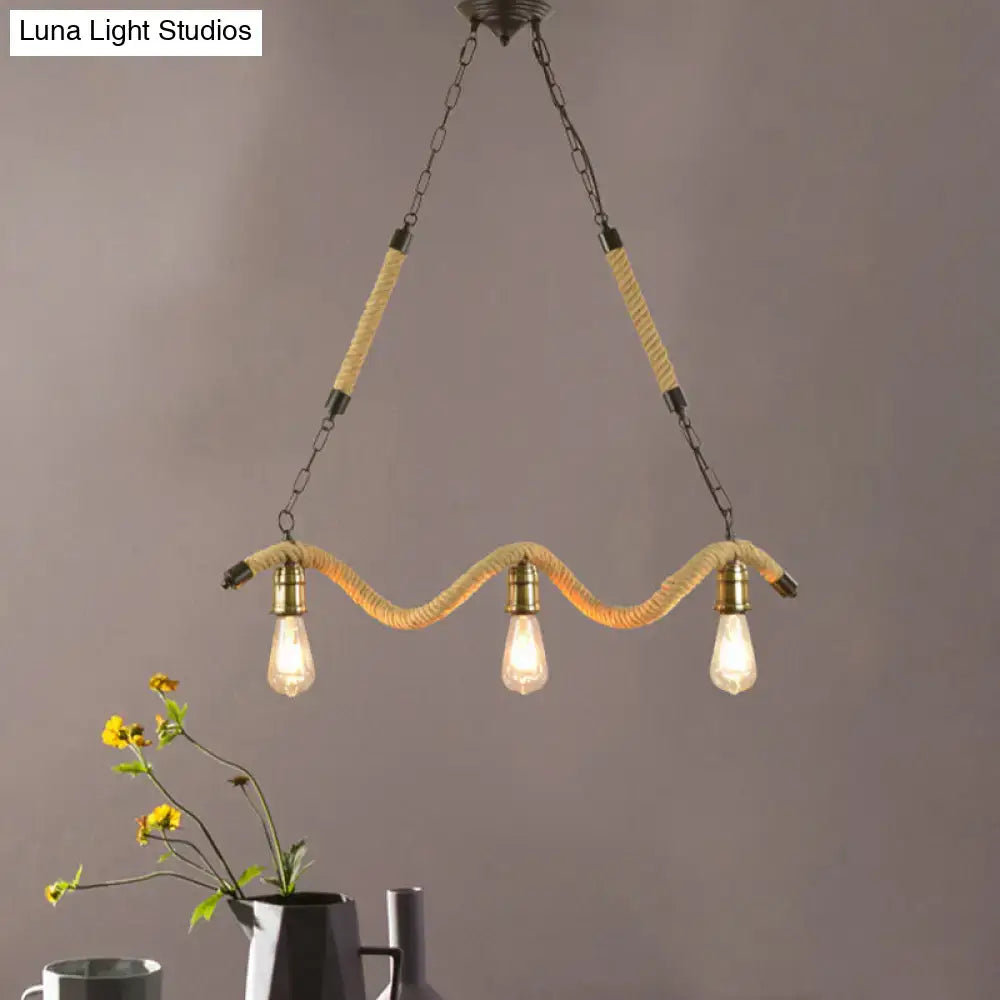 Rustic beige rope 3 light kitchen pendant with exposed bulbs 110v 120v