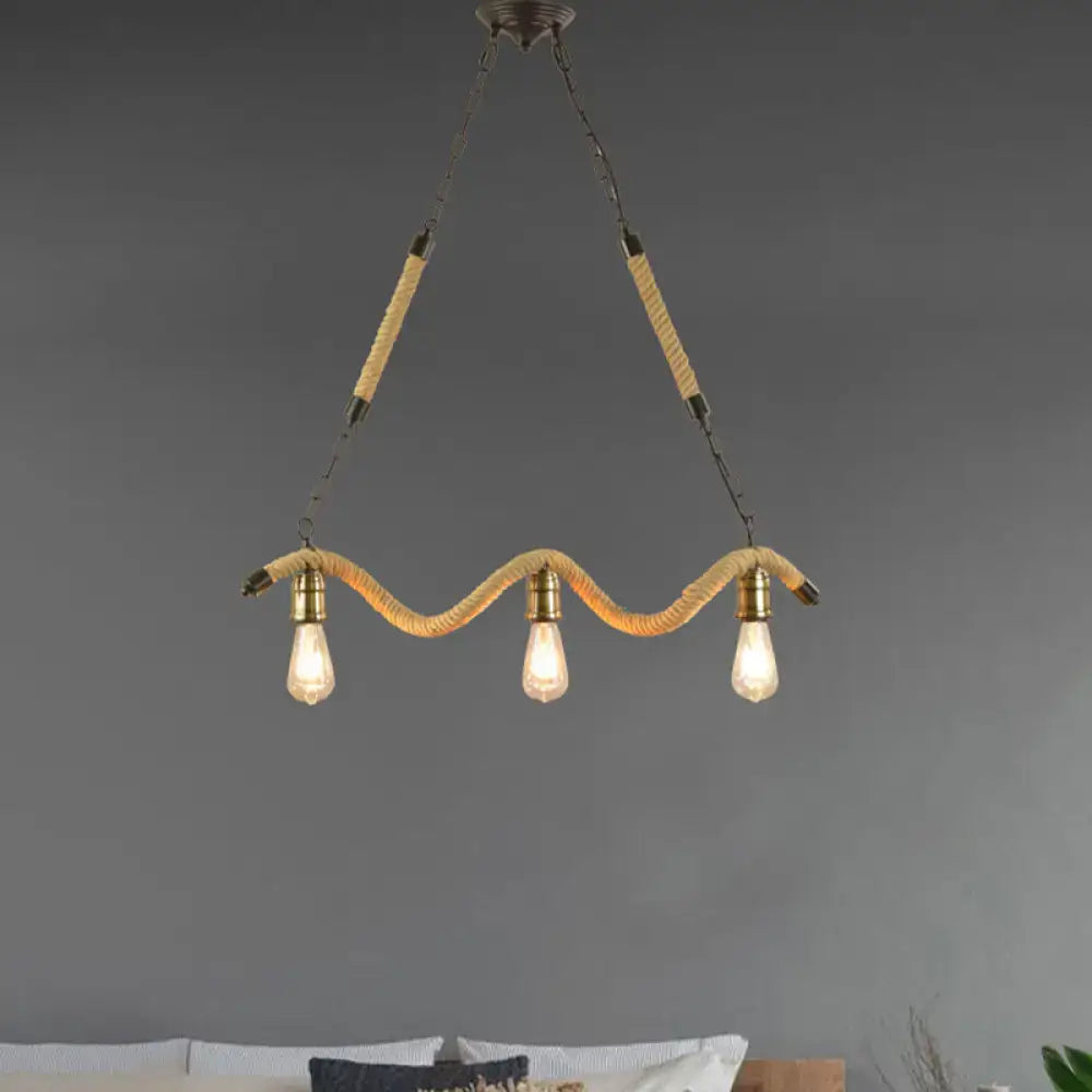 Rustic beige rope 3 light kitchen pendant with exposed bulbs 110v 120v
