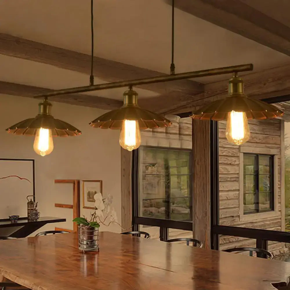Industrial brass scalloped suspended lighting fixture kitchen bistro