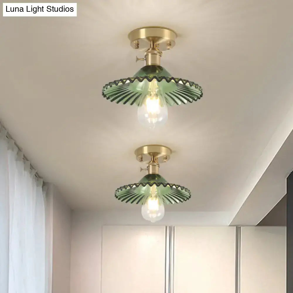 Industrial brass scalloped ribbed glass ceiling light bedroom flush mount