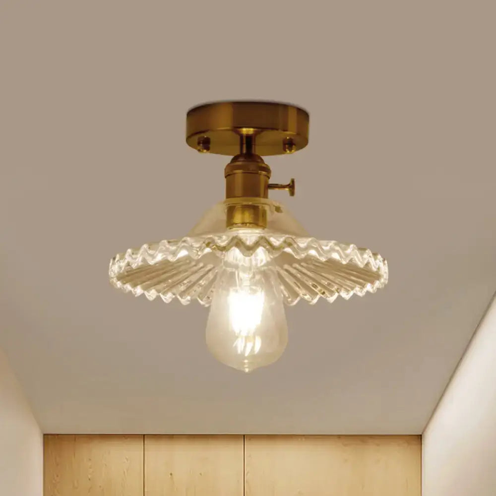 Industrial brass scalloped ribbed glass ceiling light bedroom flush mount