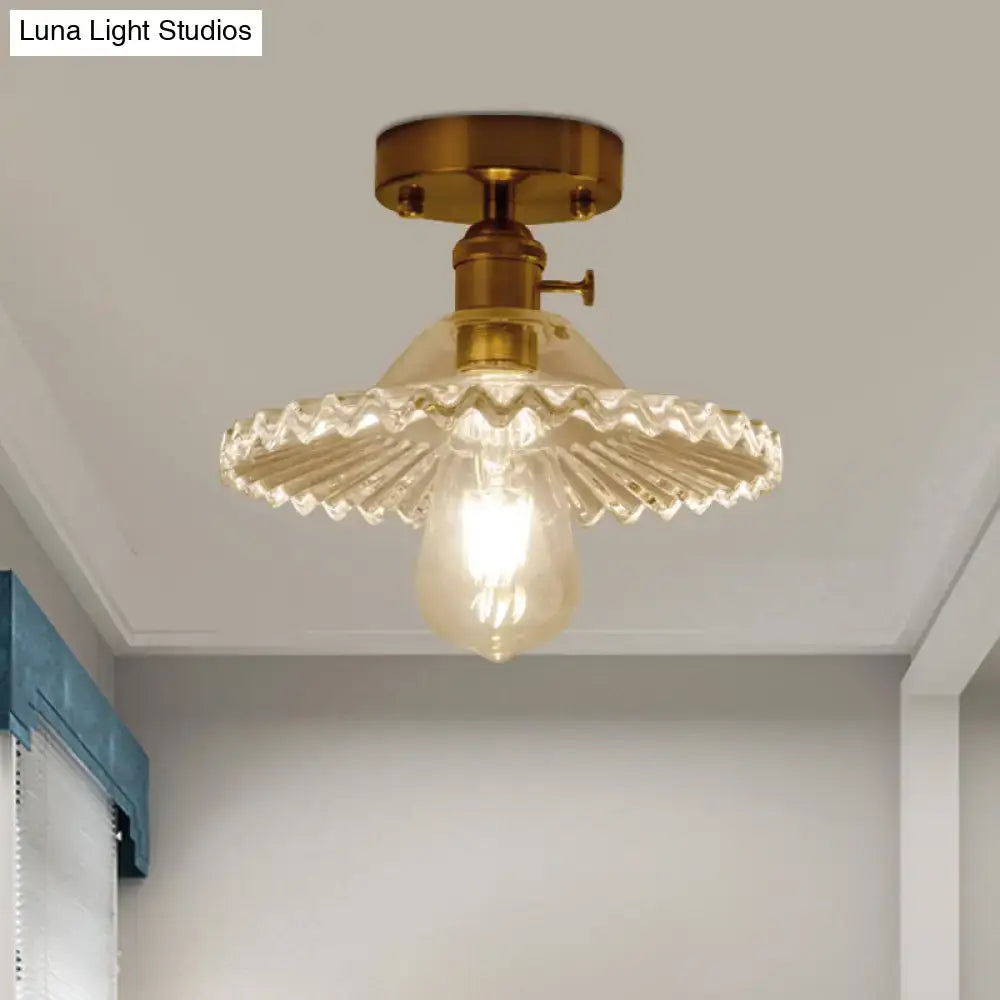 Industrial brass scalloped ribbed glass ceiling light bedroom flush mount