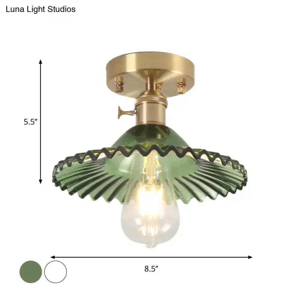 Industrial brass scalloped ribbed glass ceiling light bedroom flush mount
