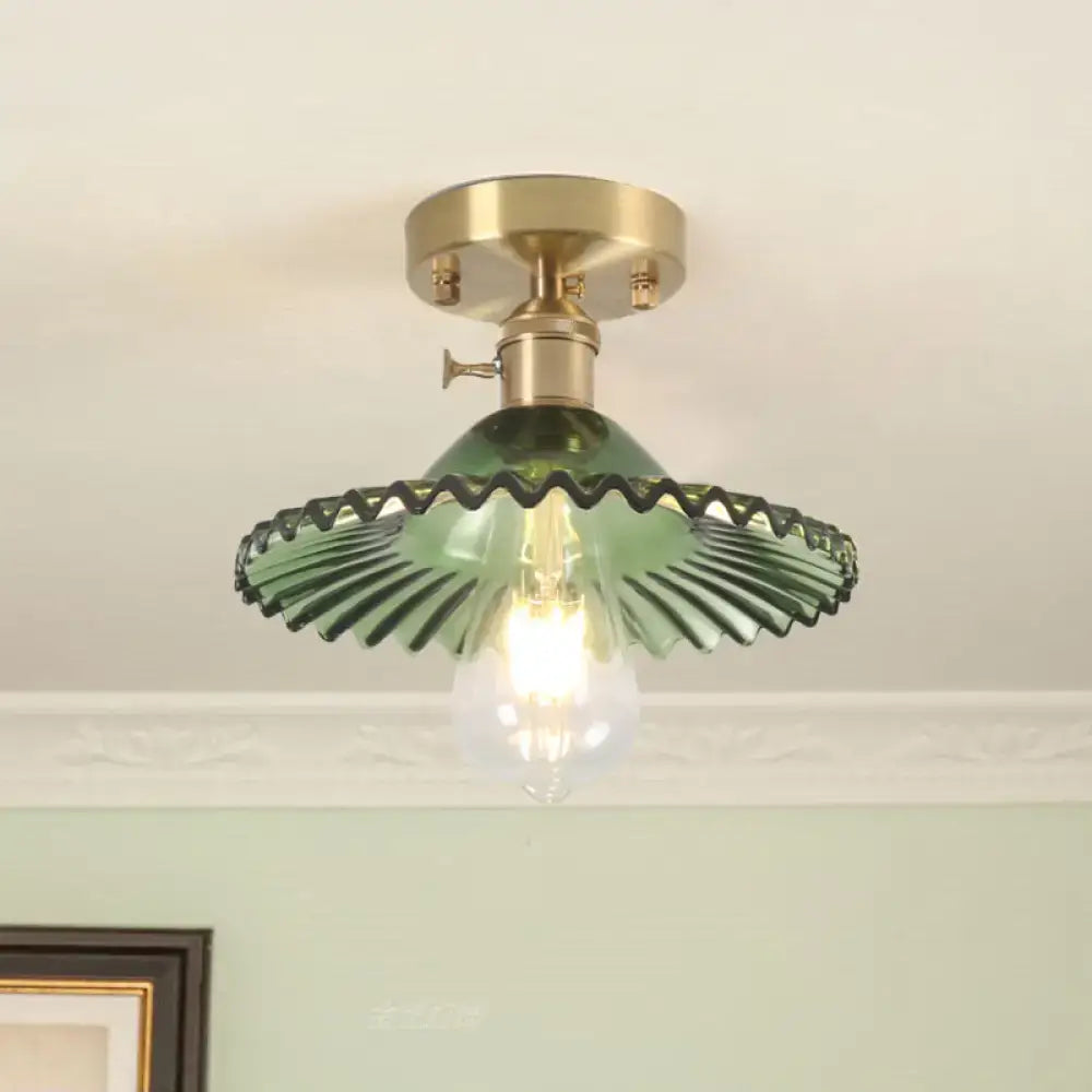Industrial brass scalloped ribbed glass ceiling light bedroom flush mount