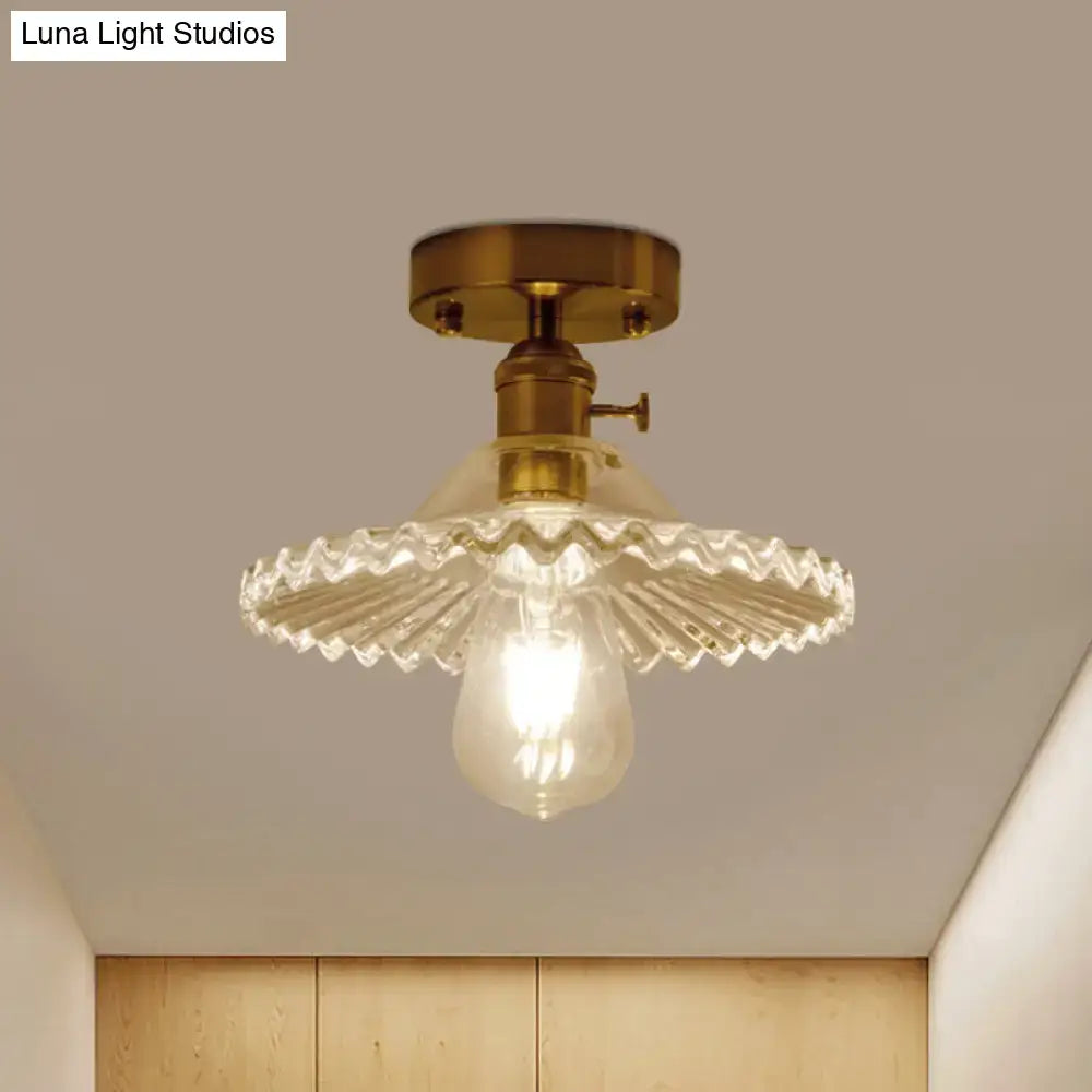 Industrial brass scalloped ribbed glass ceiling light bedroom flush mount