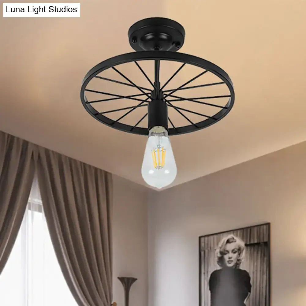 Industrial black bicycle wheel semi flush mount light dining room