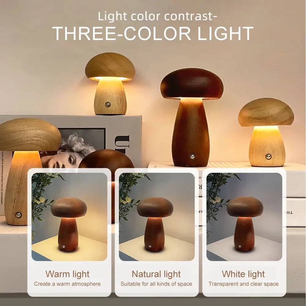 Wooden creative mushroom night light stepless dimming bedroom table lamp