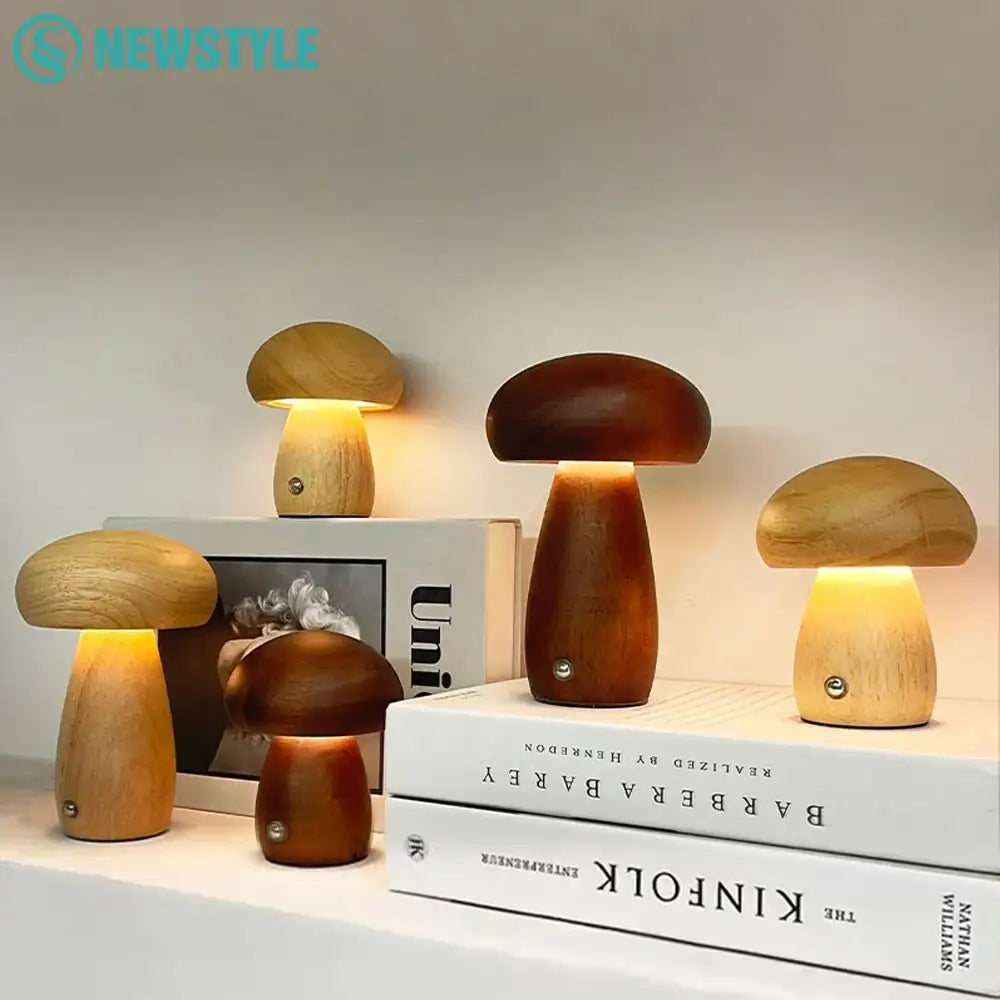 Wooden creative mushroom night light stepless dimming bedroom table lamp