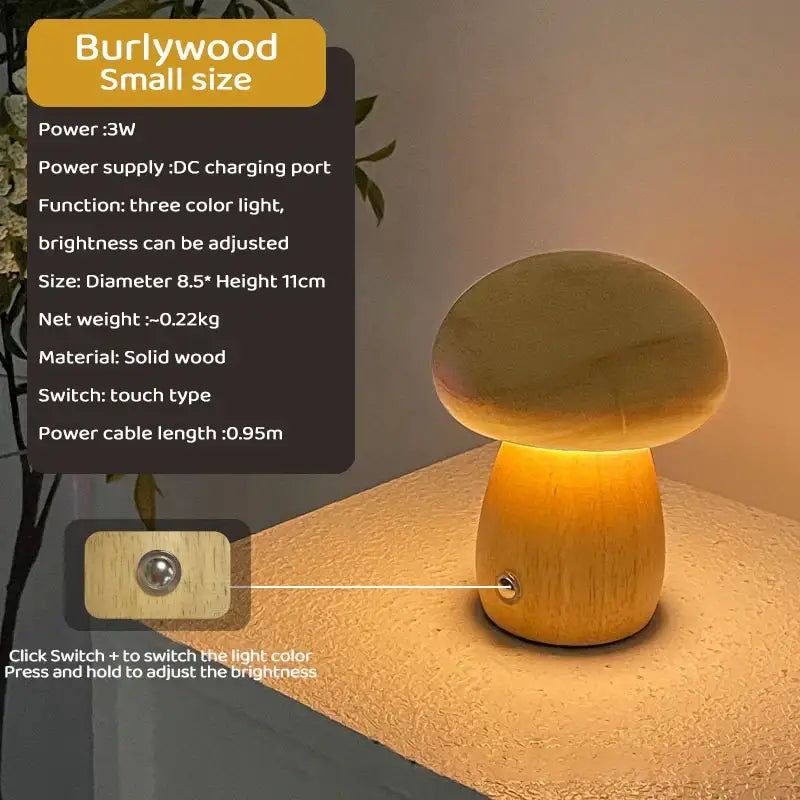 Wooden creative mushroom night light stepless dimming bedroom table lamp
