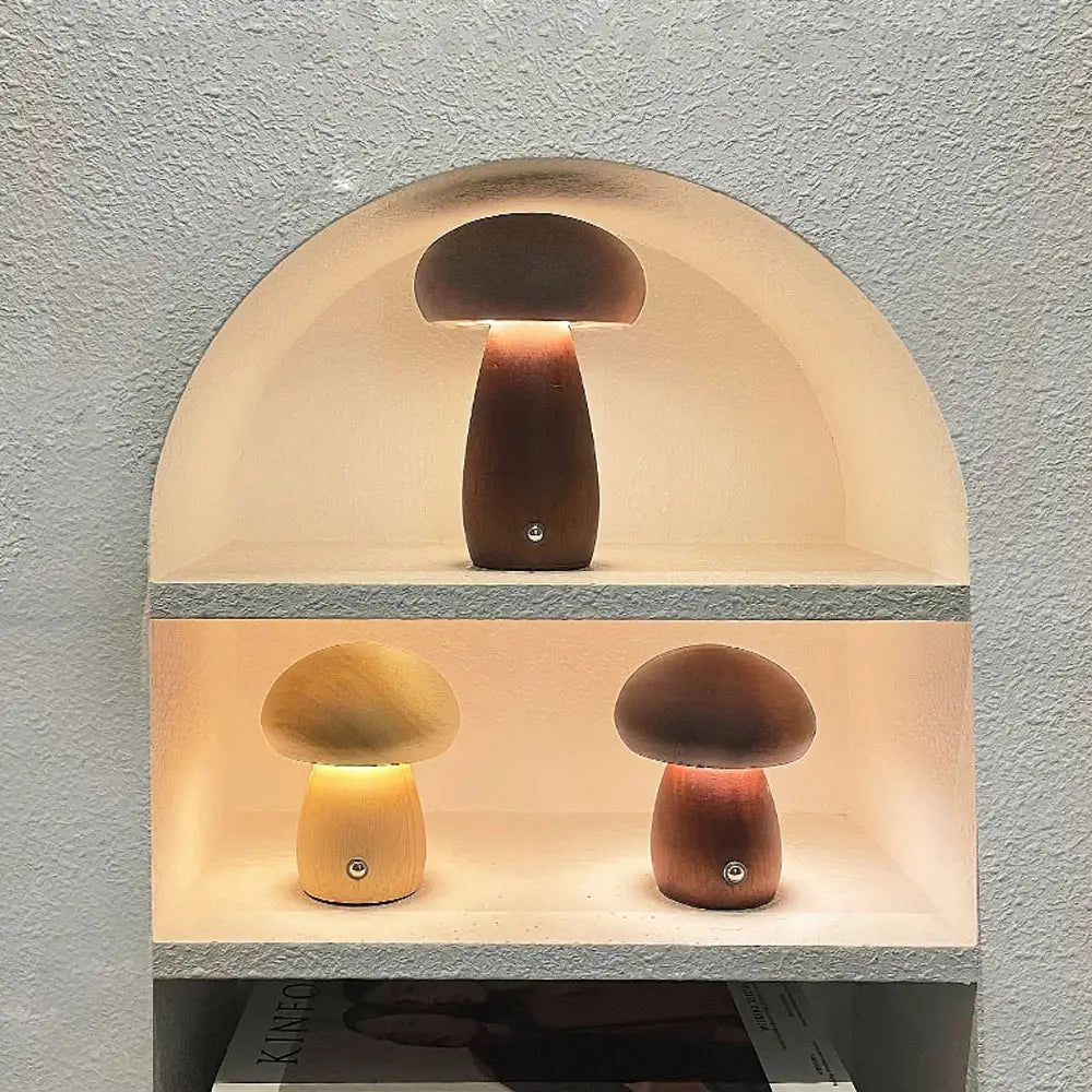Wooden creative mushroom night light stepless dimming bedroom table lamp