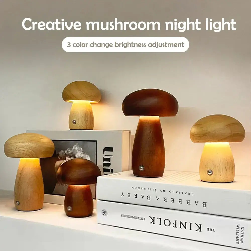 Wooden creative mushroom night light stepless dimming bedroom table lamp