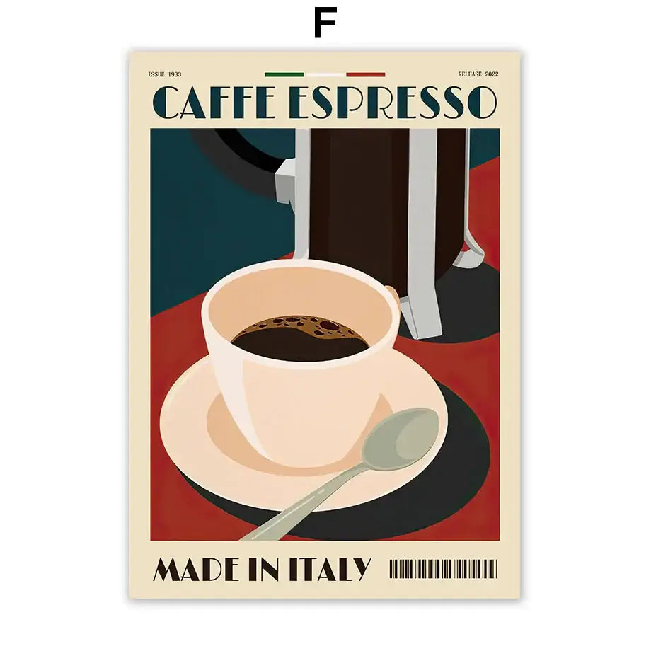 Vintage italian espresso coffee set of 6 framed kitchen wall art