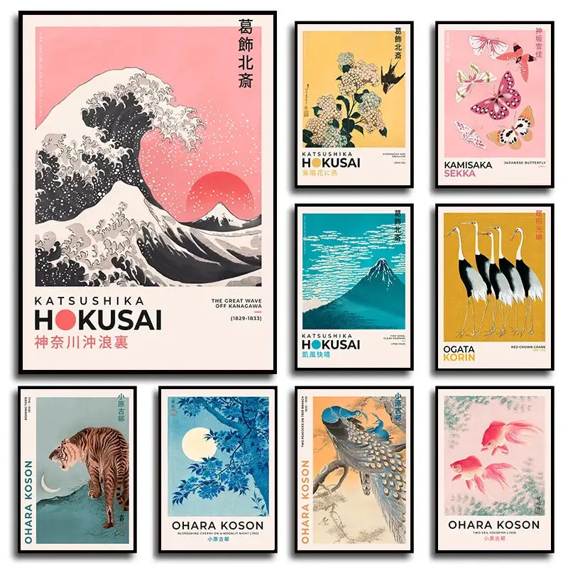 Japanese hokusai teal and white wave art poster print living room