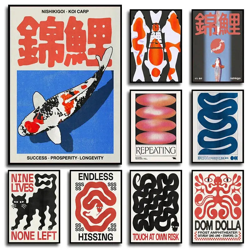 Abstract red & black snake heart japanese koi wall art bedroom