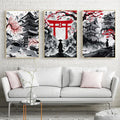 Japanese natural landscape red & white canvas art set living room